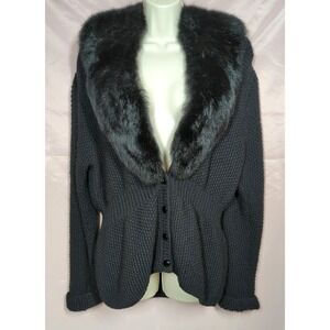 Vtg Hand Knit Black Sweater Women M NEEDLEWORKS Stunner Mink Collar Hong Kong